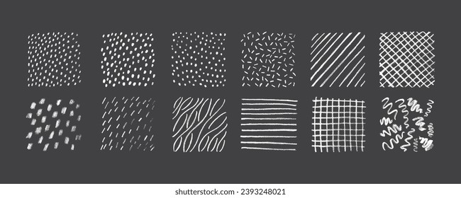 Conjunto de patrones de texturas con lápiz dibujado a mano. Crayon pinta líneas de arañazos y puntos. Rastreo de garabatos de grunge para material vectorial aislado para el texto resaltado de la plantilla de diseño, ilustración o fondo abstracto. EPS10