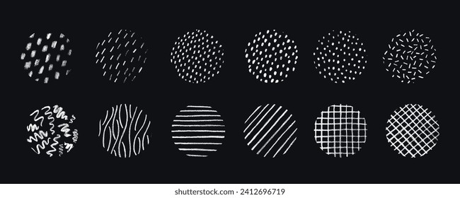 Hand drawn pencil textures pattern set. Crayon paint scratch lines and dots. Vector stock grunge doodle scrawl isolated for design template highlight text, illustration or abstract background. EPS10