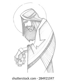 Hand drawn pencil vector illustration or drawing of Jesus Christ chained at his Passion