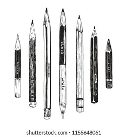 Hand drawn pencils collection, doodle vector school symbols in vintage style. Isolated objects on white background.