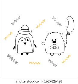 Hand drawn penguin in the hat and bear with balloon go to birthday party. Vector illustration.