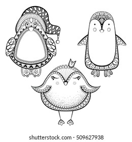 Hand drawn Penguin set. Vector illustration  in zentangle style. Sketch for adult anti stress coloring pages, tattoo, New Year posters and greeting cards, t-shirt design