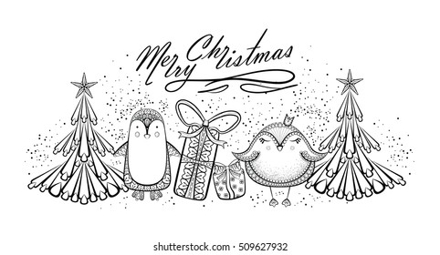 Hand drawn Penguins with gift boxes and Chrstmas trees. Vector illustration  in zentangle style. Sketch for adult anti stress coloring pages, tattoo, t-shirt design,New Year posters and greeting cards