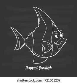 hand drawn pennant coralfish with smile face on chalkboard background