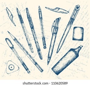 Hand drawn pens, pensil, marker and rubber