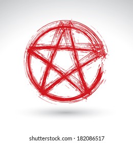 Hand Drawn Pentagram Icon Scanned And Vectorized, Brush Drawing Red Magic Polygonal Star, Hand-painted Pentagram Symbol Isolated On White Background.