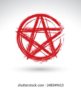 Hand Drawn Pentagram Icon Scanned And Vectorized, Brush Drawing Red Magic Polygonal Star, Hand-painted Pentagram Symbol Isolated On White Background.