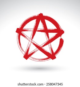 Hand drawn pentagram icon scanned and vectorized, brush drawing red magic polygonal star, hand-painted pentagram symbol isolated on white background.