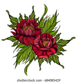 Hand drawn peonies. Sketch style. Floral design element. Vector illustration isolated on white background for t-shirts, posters, greeting cards and other items.