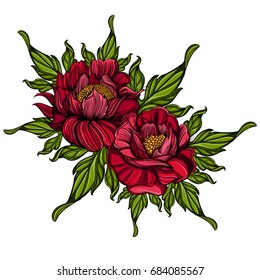 Hand drawn peonies. Sketch style. Floral design element. Vector illustration isolated on white background for t-shirts, posters, greeting cards and other items.