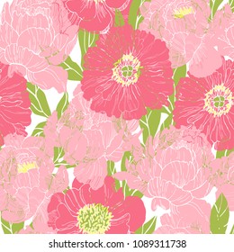 Hand drawn peonies. Vector seamless  pattern.