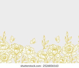 Fundo de peônia desenhada à mão e borboleta