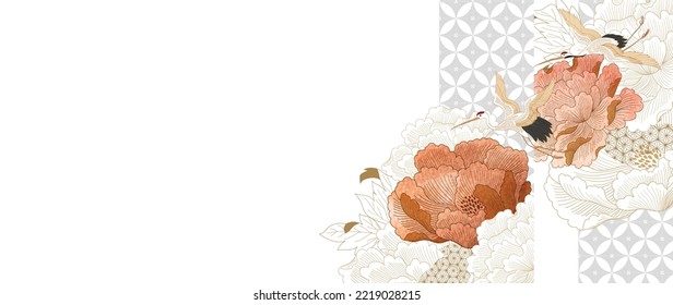 Fondo floral de peones dibujado a mano con vector de patrón floral japonés. Decoración oriental con volante, pancarta o presentación de estilo vintage. Textura acuarela. Aves de grúa y elemento geométrico