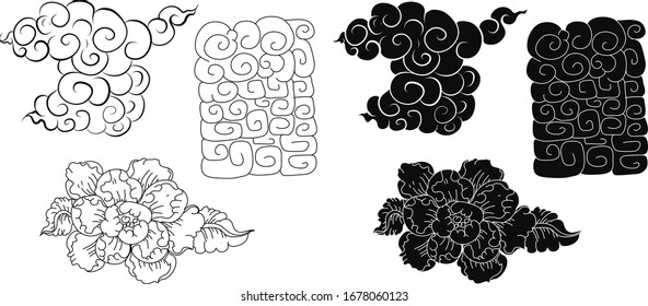 Hand drawn Peony flower Chinese style vector art.Chinese tattoo design chrysanthemum and Peony flower.Chinese cloud silhouette vector.