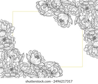 Hand Drawn Peony Flower and Leaves Border