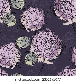 Hand Drawn Peony Flower Seamless Pattern Background. Elegant design element for greeting cards birthday, valentine's day, wedding and engagement invitation card template.