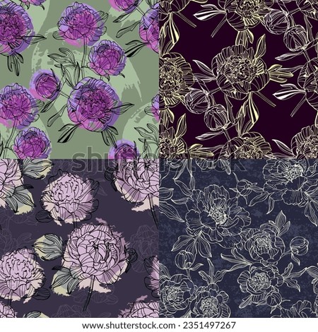 Hand Drawn Peony Flower Seamless Pattern Background. Elegant design element for greeting cards birthday, valentine's day, wedding and engagement invitation card template.
