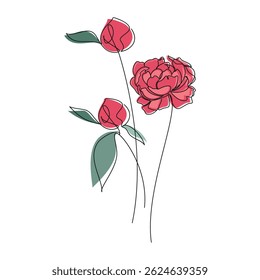 Vector de flores de peonía dibujado a mano. Icono lineal. Línea de dibujo continuo. Diseño floral, impresión botánica, tarjeta, cartel del arte de la pared, logotipo, muestra, garabato, símbolo. Ilustración Abstractas de la planta de la historieta