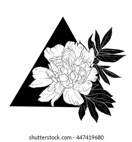 Hand drawn peony flower. Vector graphic. Tattoo style illustration.