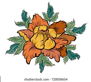 hand drawn Peony flower.Chinese flower vector.Japanese flower tattoo design.