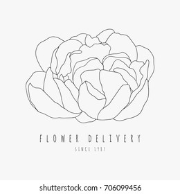 Hand Drawn Peony Logo. Flower Delivery Service Concept. Vector Outlined Peony Flower 