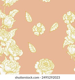 Hand Drawn Peony Rose Flower and Leaves Seamless Pattern