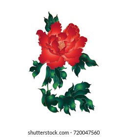 Hand drawn peony vignette for invitation card in traditional vintage japanese watercolor style. Vector illustration.