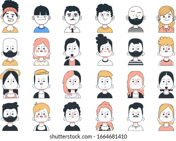 Hand drawn people avatar collection. Cartoon people set with different funny faces. Isolated. Vector.