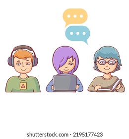 hand drawn people with book, laptop, headphones