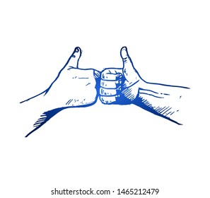 Hand drawn of people bumping their thumbs up finger to celebrate business teamwork. Hands gesture sketch concept vector illustration. Isolated design with white background