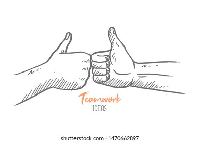 Hand drawn of people bumping their thumbs up finger to celebrate business teamwork. Hands gesture sketch concept vector illustration. Isolated design with white background