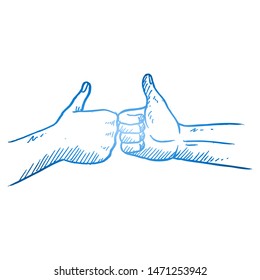 Hand drawn of people bumping their thumbs up finger to celebrate business teamwork. Hands gesture sketch concept vector illustration. Isolated design with white background
