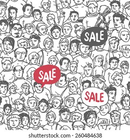 Hand Drawn People Crowd Seamless pattern with Sale Label