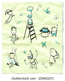 Hand drawn,  people in different situations, on the old paper