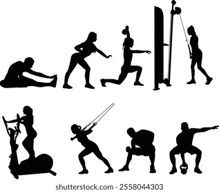 Hand drawn people doing fitness silhouette illustration