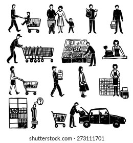 Hand drawn people doing shopping in supermarket black decorative icons set isolated vector illustration