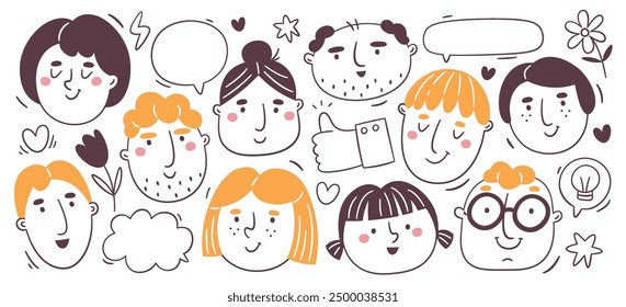 Hand drawn people faces doodle emoji set with happy positive emotion and dialog speech bubbles vector illustration. Humor funny emoticons of male and female characters caricature head portraits