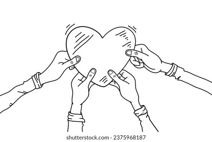 Hand drawn of People Hands holding a heart. Concept of charity and donation. Give and share your love to people. hands gesture on doodle style.  vector illustration