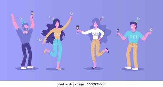 Hand drawn People on the party. Men and women in festive hats with champagne sparkler in their hands. Boys and girls dancing and having fun. Hand drawn flat illustration on violet background.