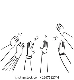 hand drawn People raise hands up applause clapping for vote volunteer and cheering concept. Doodle vector design.