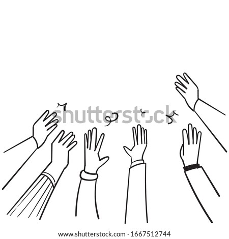 hand drawn People raise hands up applause clapping for vote volunteer and cheering concept. Doodle vector design.