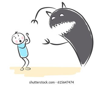 hand drawn people with shadow and a monster.  Doodle miniature scenes. Hand drawn vector illustration for web design and infographic.