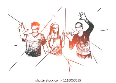 Hand drawn people wearing virtual reality headsets and playing. Persons with virtual reality simulators isolated vector illustration.