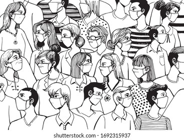 Hand drawn of people in white medical protective masks on a white background. Concept of coronavirus quarantine,flu epidemic, infectious diseases vector doodle illustration.