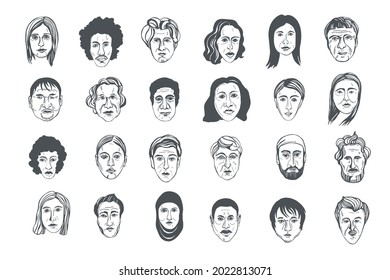 La mano dibujó las caras de la gente. Ilustración de esbozo del vector.