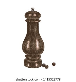 Hand drawn pepper mill with peppercorns isolated on white background. Vector illustration