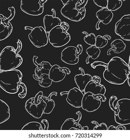 Hand drawn pepper on black background, line art style, repeat pattern, vector illustration isolated on white background 