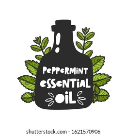 Hand drawn peppermint essential oil sketch style. Aromatherapy, folk and alternative medicine. Grunge stylized ink herbal illustration. Isolated bottle with mint oil engraved drawing of menthol leaves