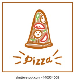 Hand drawn pepperoni pizza logo on white background in pop art style