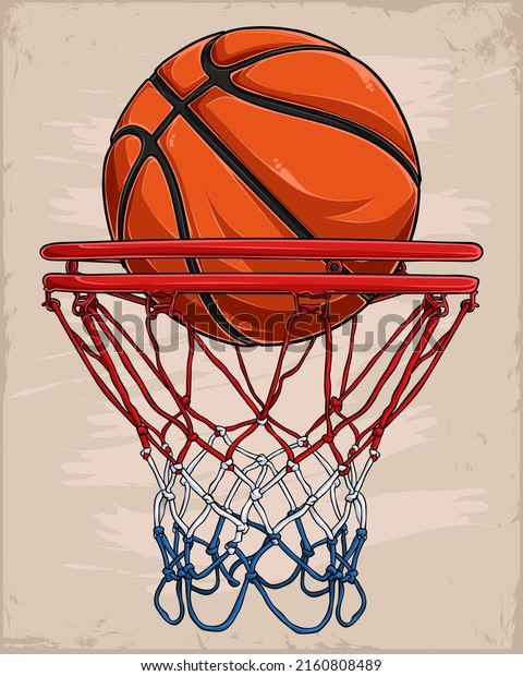 Hand drawn perfect Basketball shot\
with vintage background Basketball ring and ball\
inside